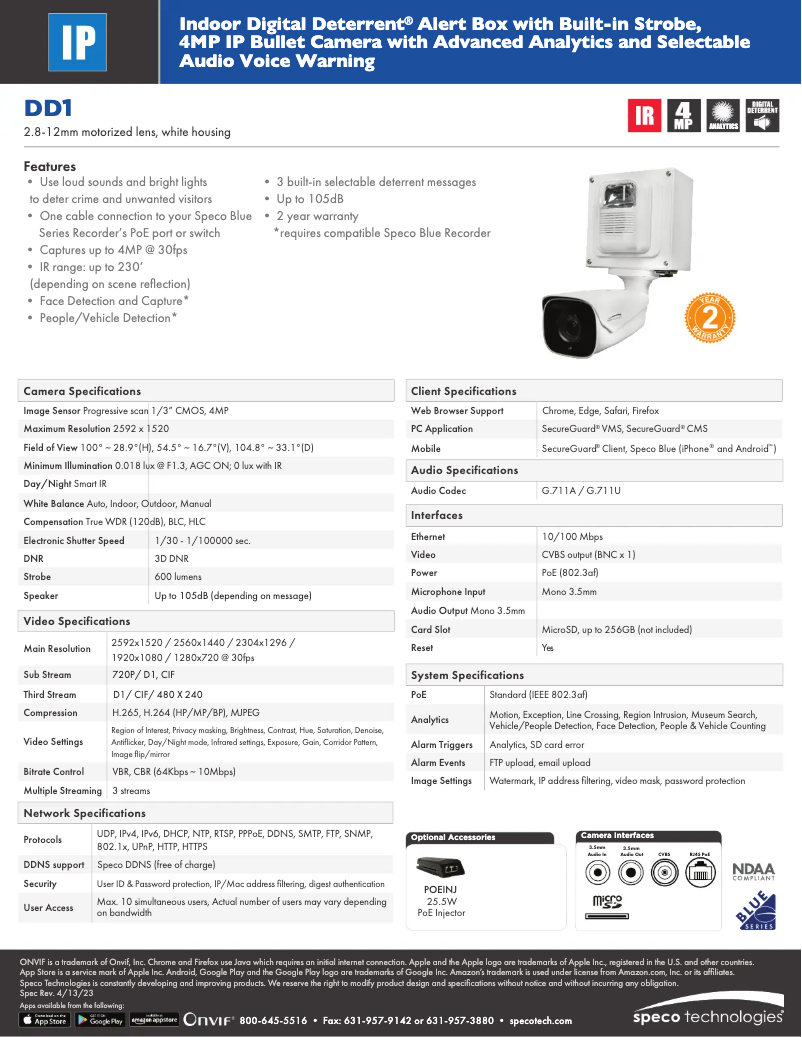 Page 1 de la notice Fiche technique Speco Technologies DD1