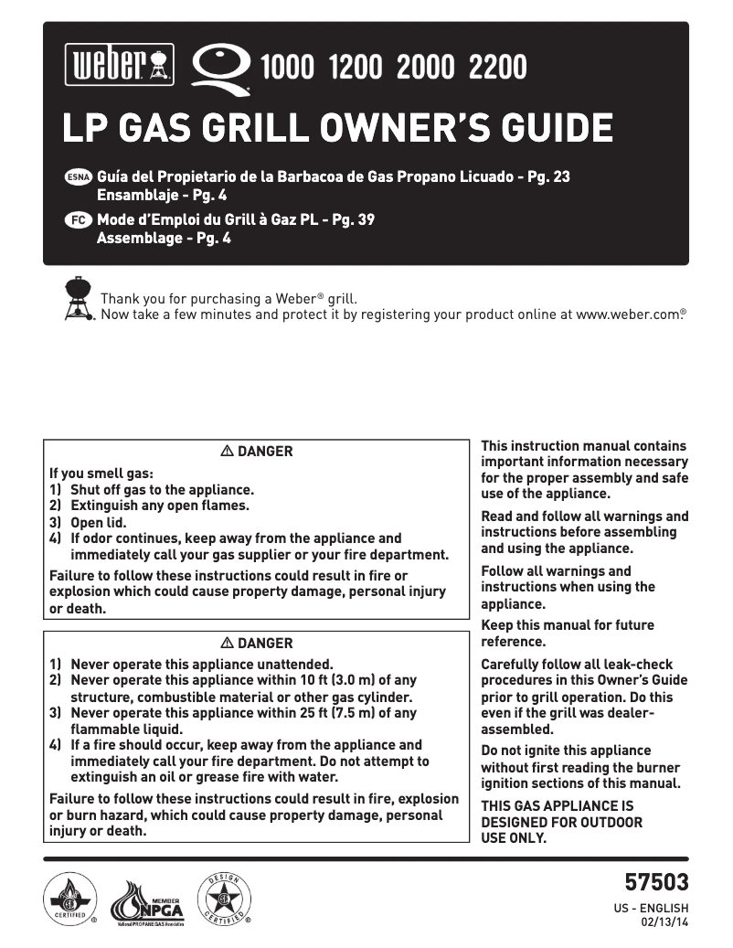 Page 1 de la notice Manuel utilisateur Weber Q 2000