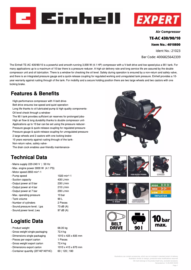 Page n°1 - Fiche technique Einhell TE-AC 430/90/10
