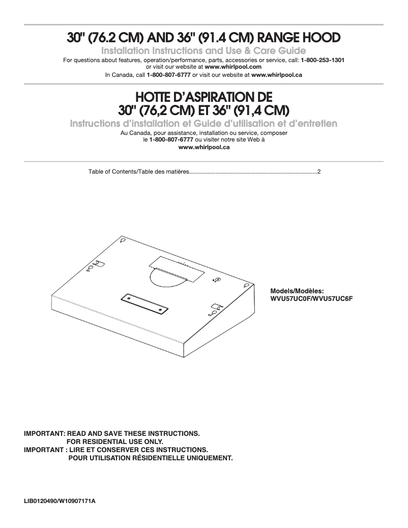 Page 1 de la notice Guide d'installation Whirlpool WVU57UC0FS
