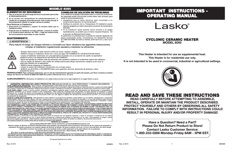 Page 1 de la notice Manuel utilisateur Lasko 6050