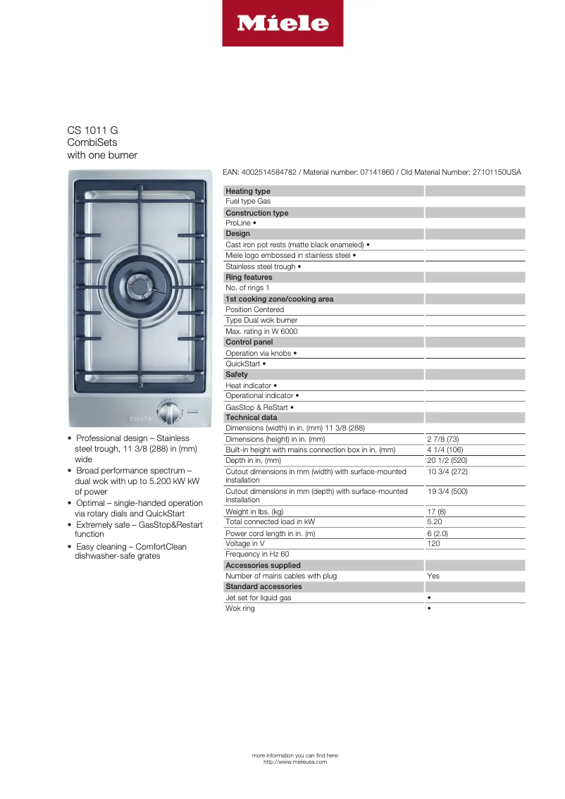 Page 1 de la notice Fiche technique Miele CS 1011 G