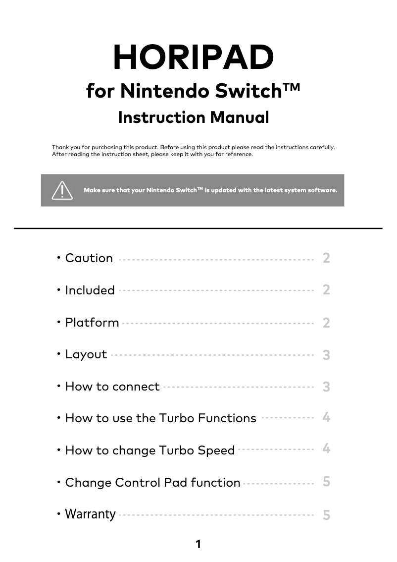 Page 1 de la notice Manuel utilisateur Hori Horipad for Nintendo Switch