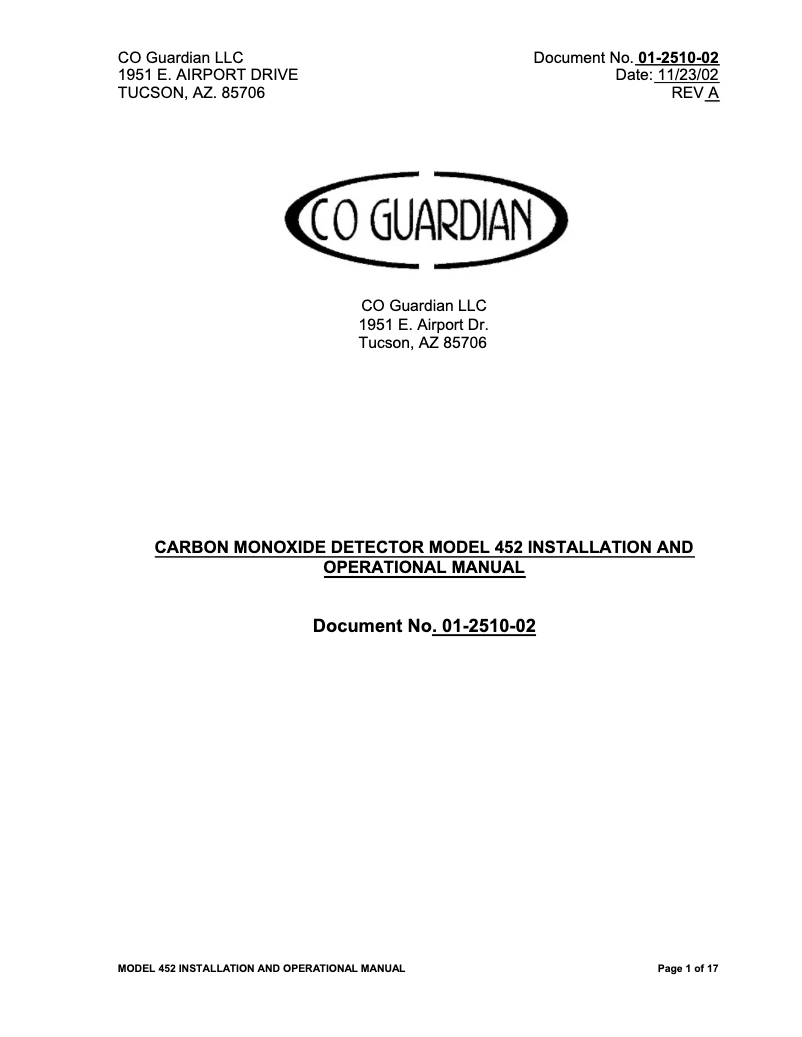 Page n°1 - Manuel utilisateur Guardian Avionics Aero-452
