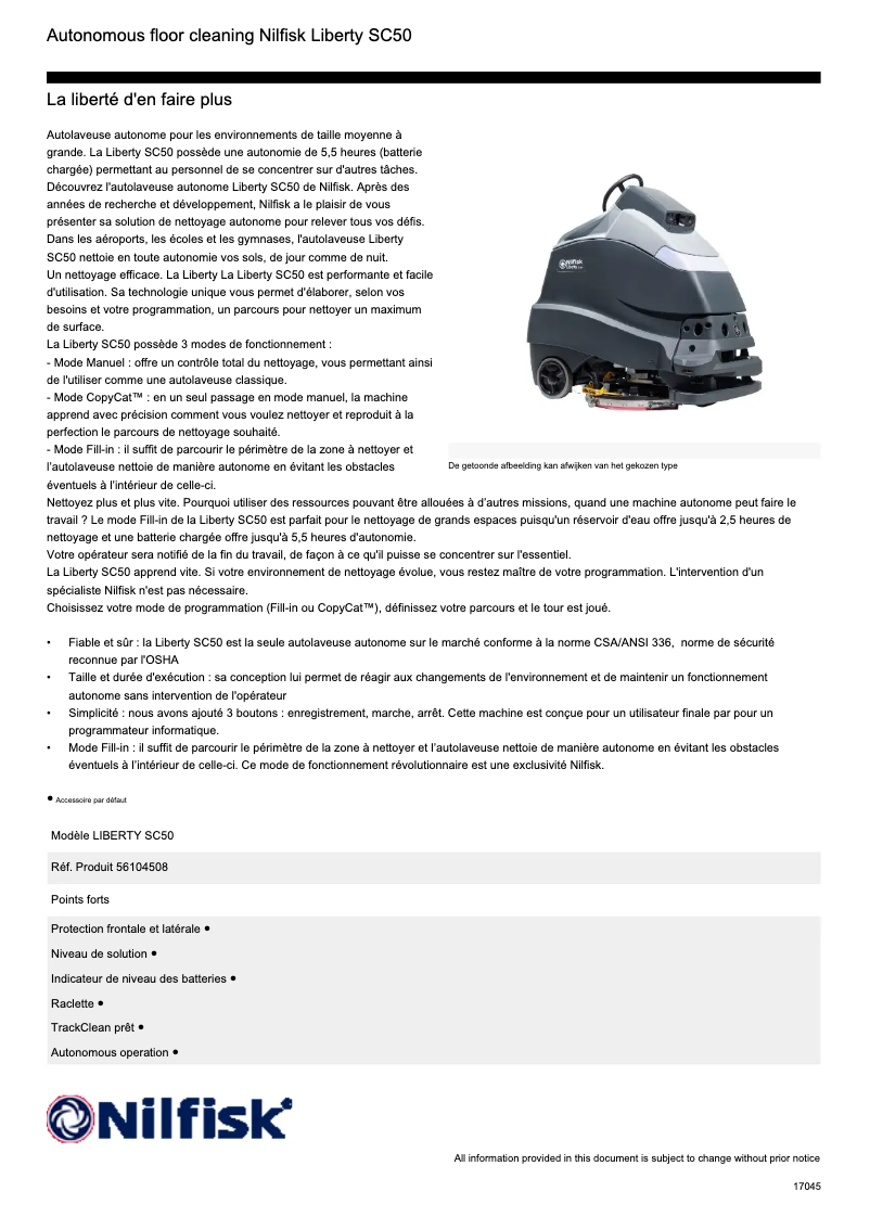 Page 1 de la notice Fiche technique Nilfisk Liberty SC50