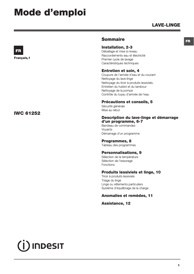 Page n°1 - Manuel utilisateur Indesit IWC 61252 SL C FR