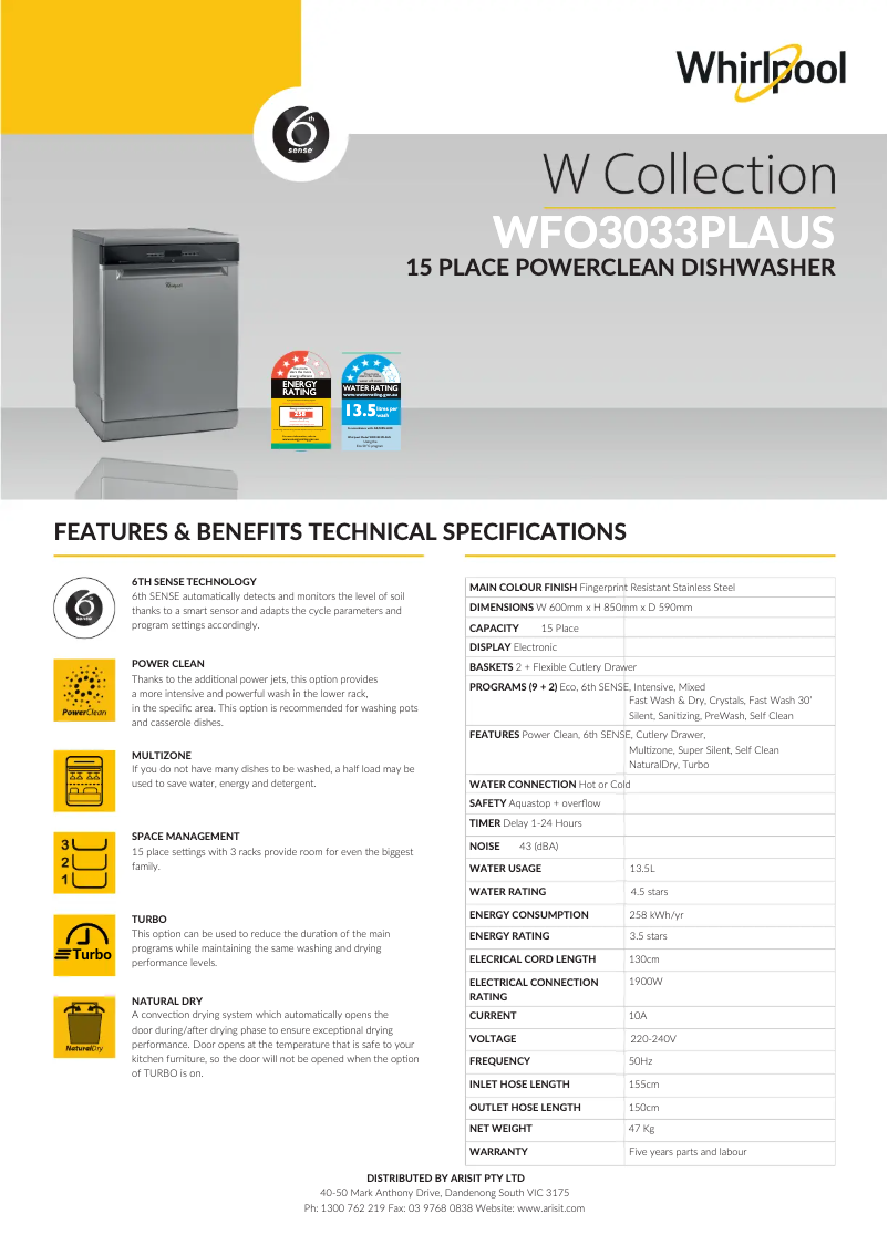 Page n°1 - Fiche technique Whirlpool WFO3033PLAUS