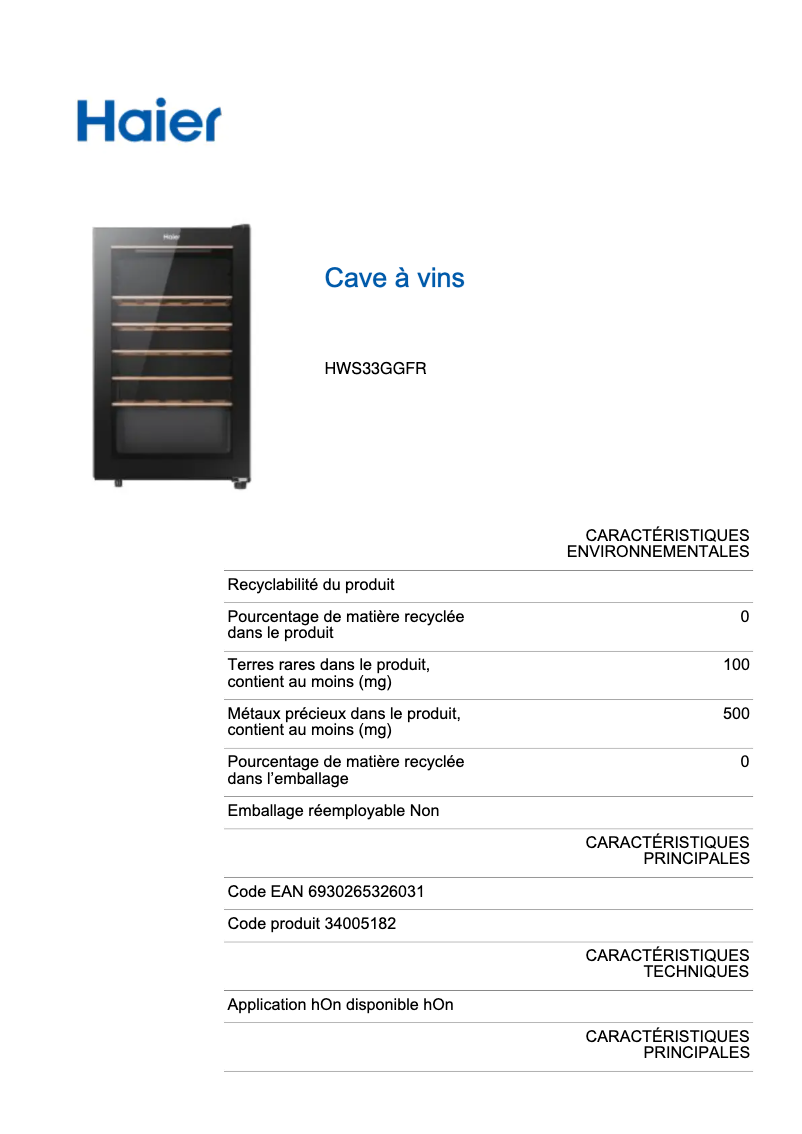 Page n°1 - Label énergétique Haier HWS33GGFR