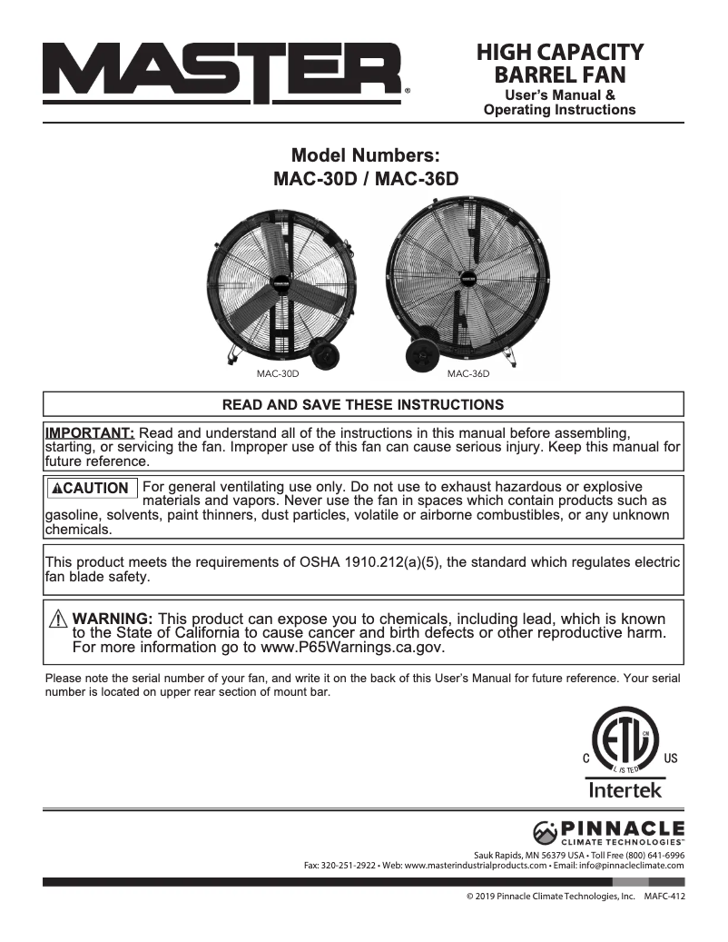 Page 1 de la notice Manuel utilisateur Master MAC-36D