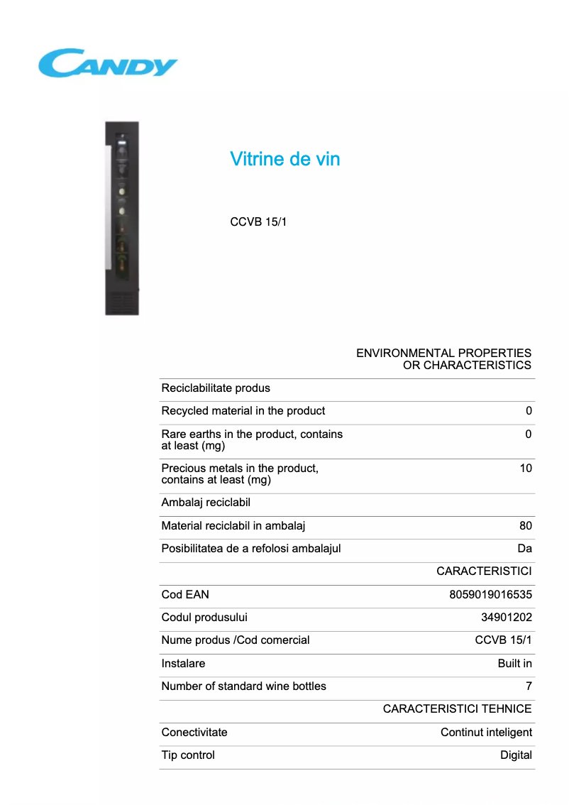 Page 1 de la notice Fiche technique Candy CCVB 15/1