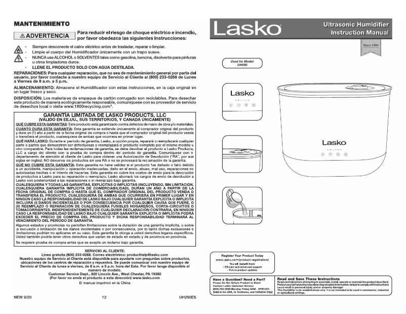 Page n°1 - Manuel utilisateur Lasko Top Fill Ultrasonic Cool Mist UH250