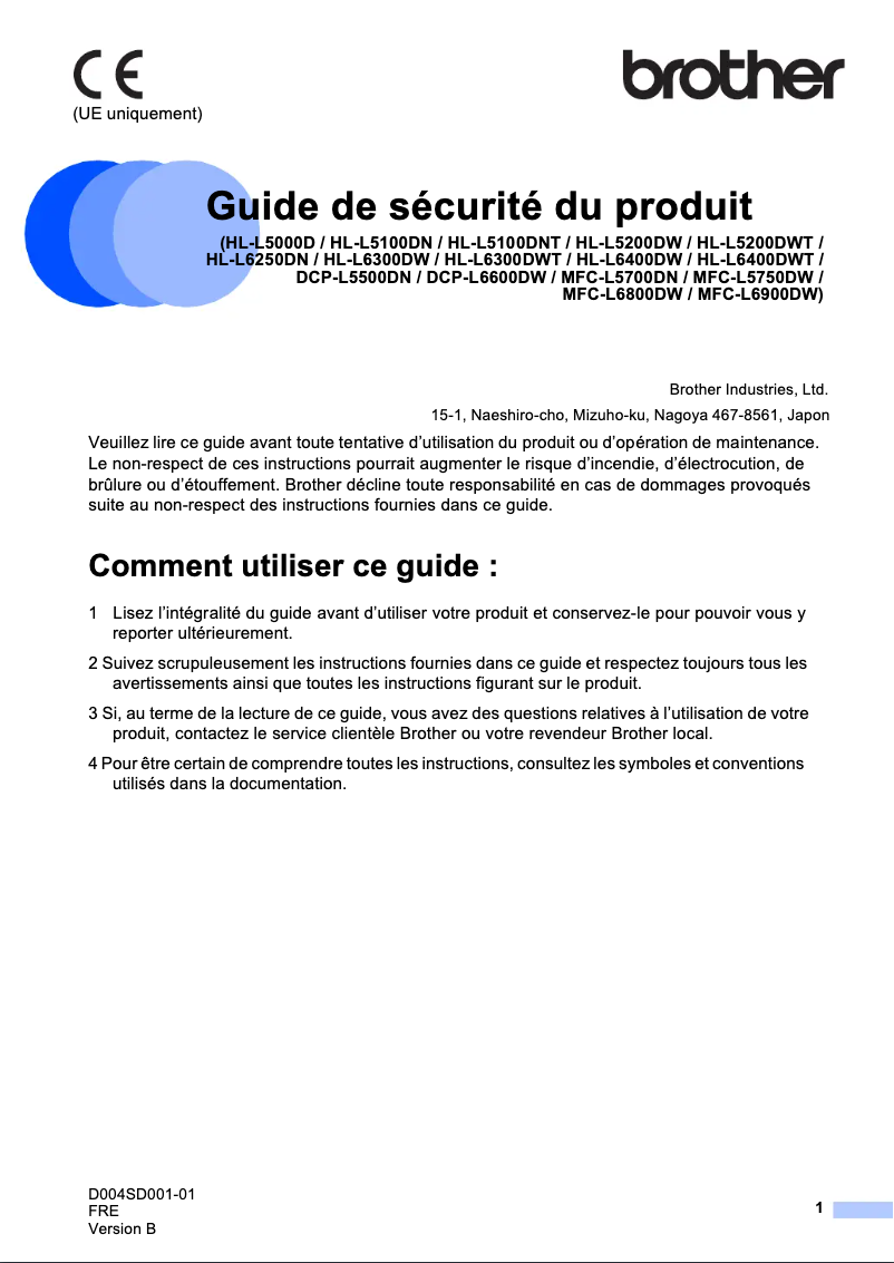 Page 1 de la notice Instructions de sécurité Brother DCP-L5500DN