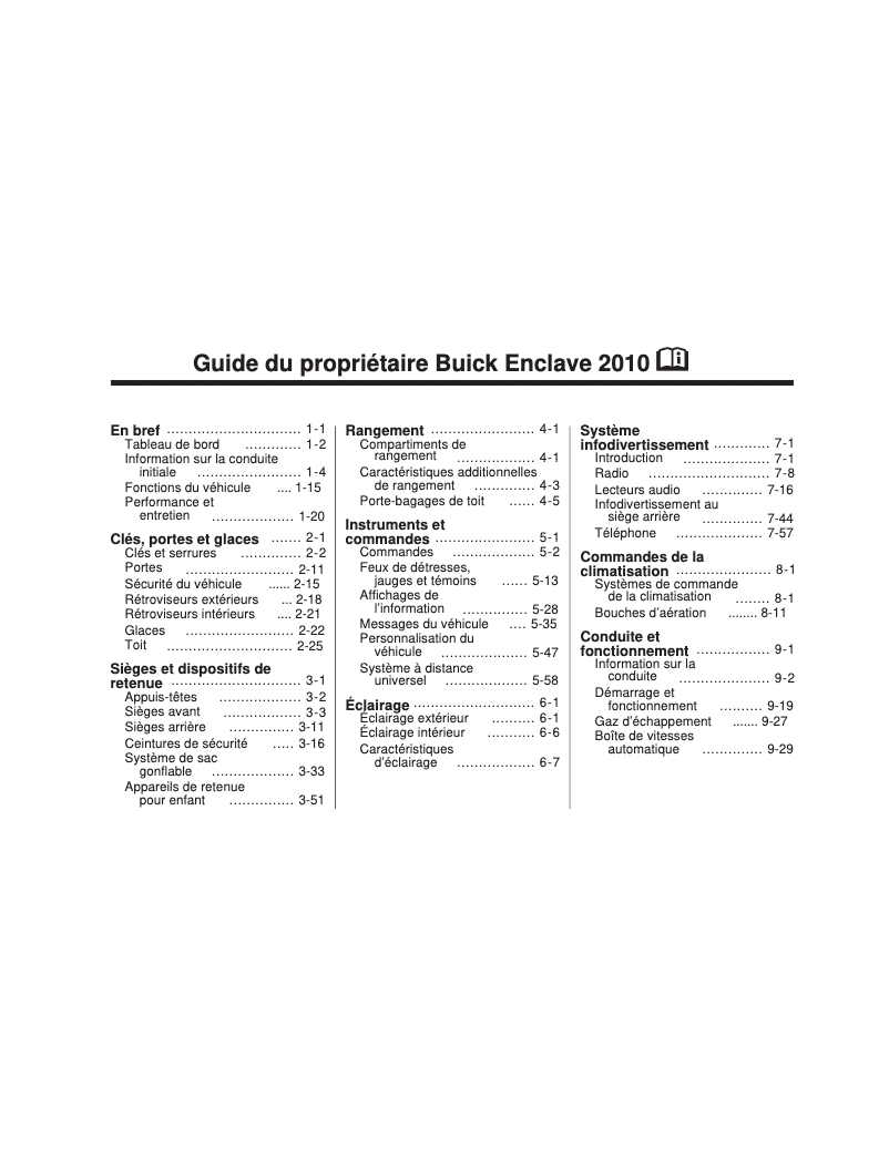 Page 1 de la notice Manuel utilisateur Buick Enclave (2010)