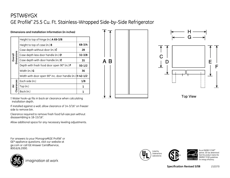 Page 1 de la notice Fiche technique GE Profile PSTW6YGXSS