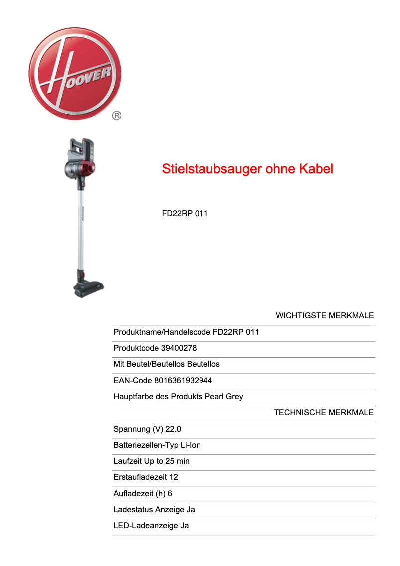 Page n°1 - Fiche technique Hoover FD22RP 011