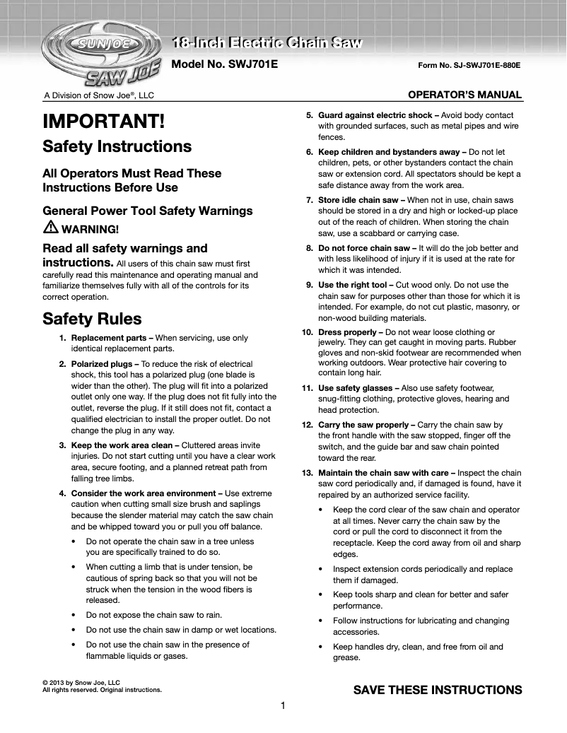 Page 1 de la notice Manuel utilisateur Snow Joe Saw Joe SWJ701E