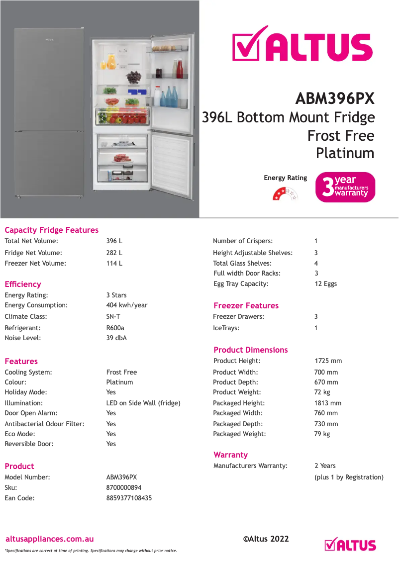 Page n°1 - Fiche technique Altus ABM396PX