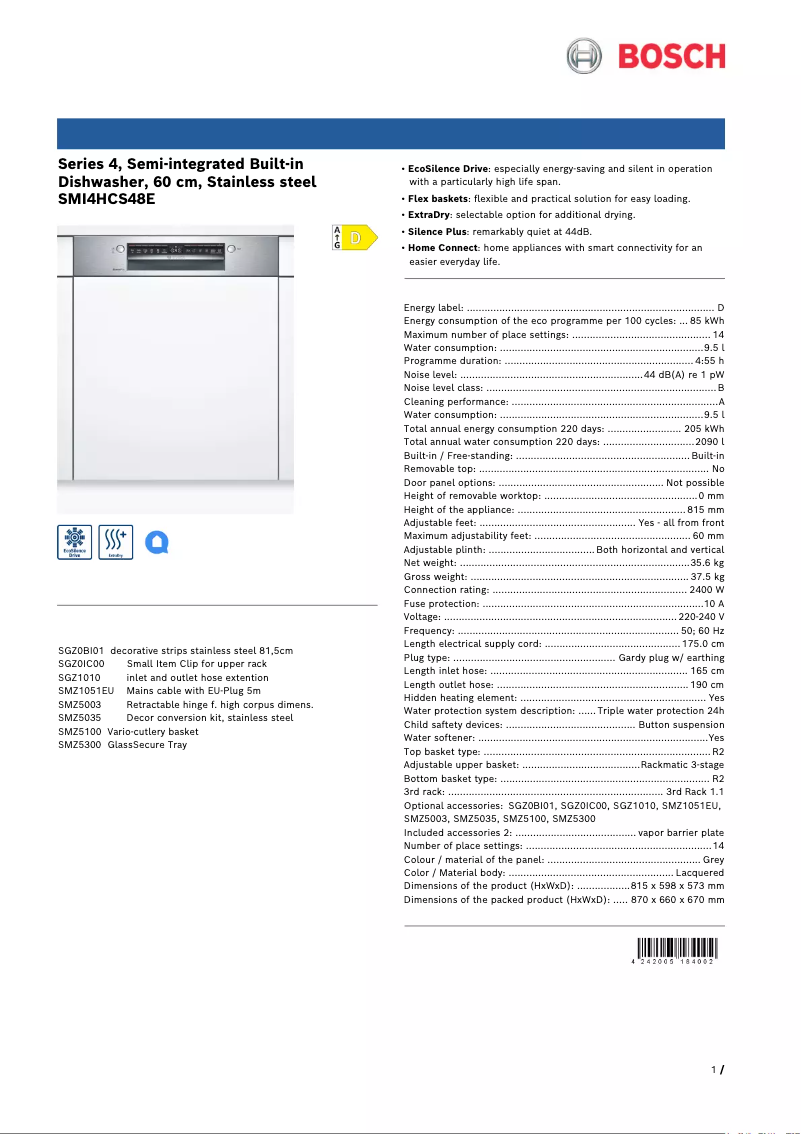 Page n°1 - Fiche technique Bosch SMI4HCS48E