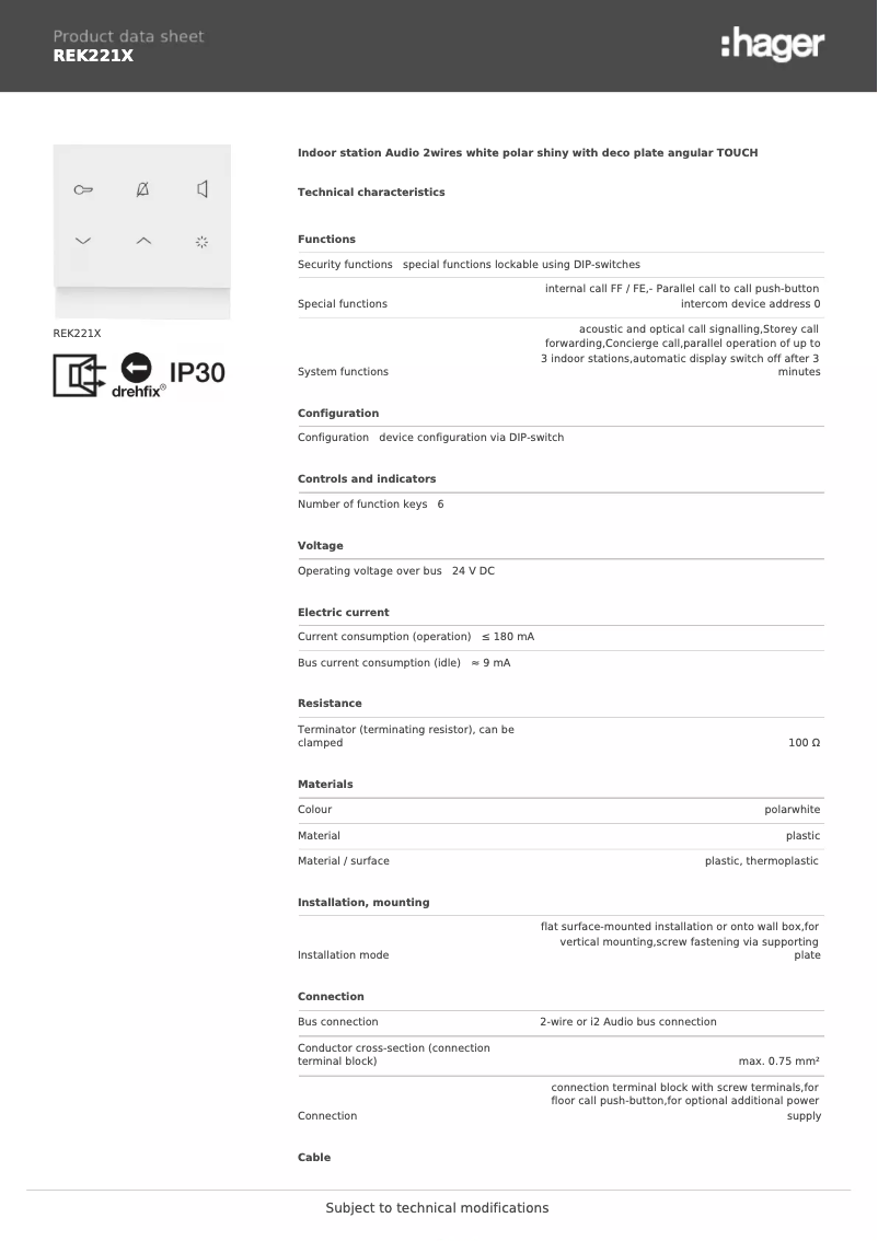 Page 1 de la notice Fiche technique Hager REK221X