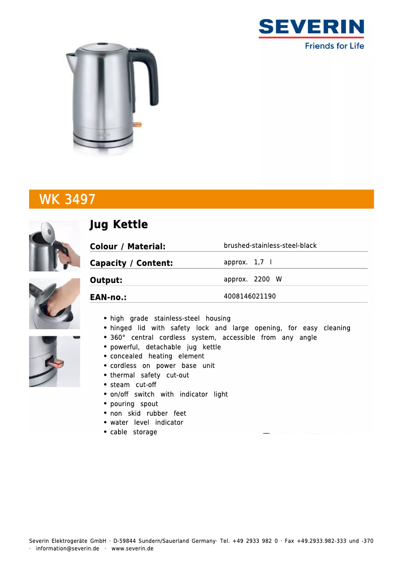 Page 1 de la notice Fiche technique Severin WK 3497