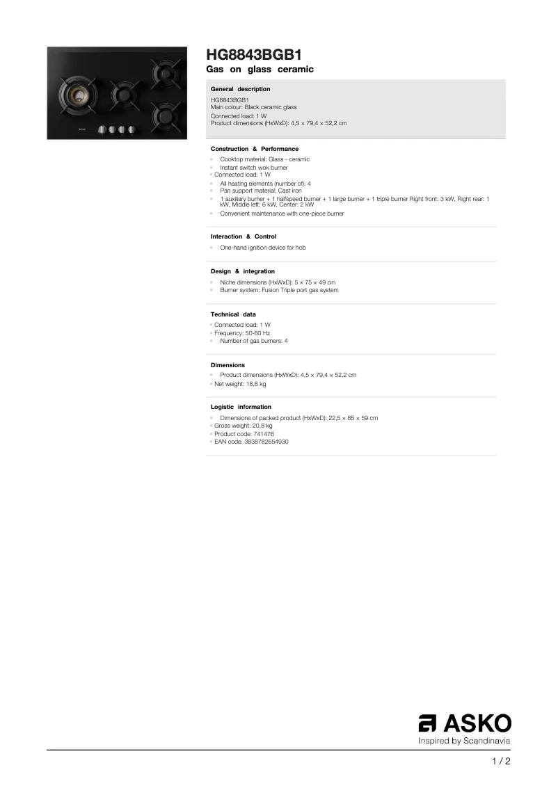 Página 1 del manual Ficha técnica Asko HG8843BGB1