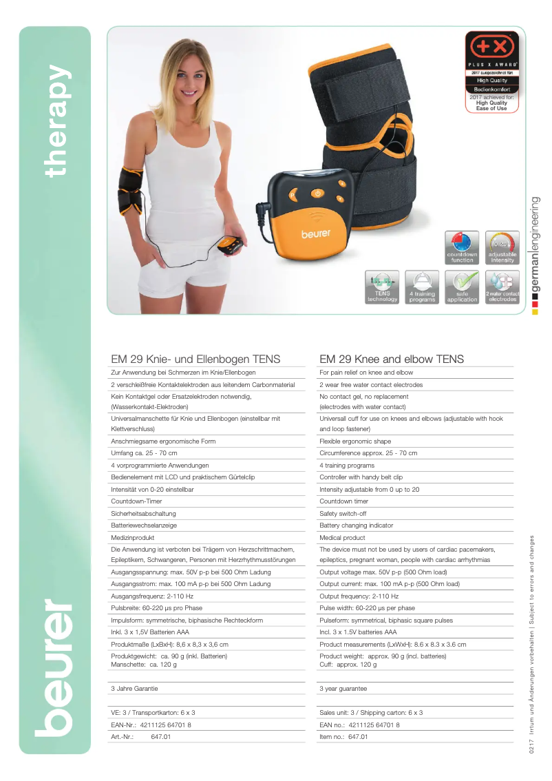 Page 1 de la notice Fiche technique Beurer EM 29