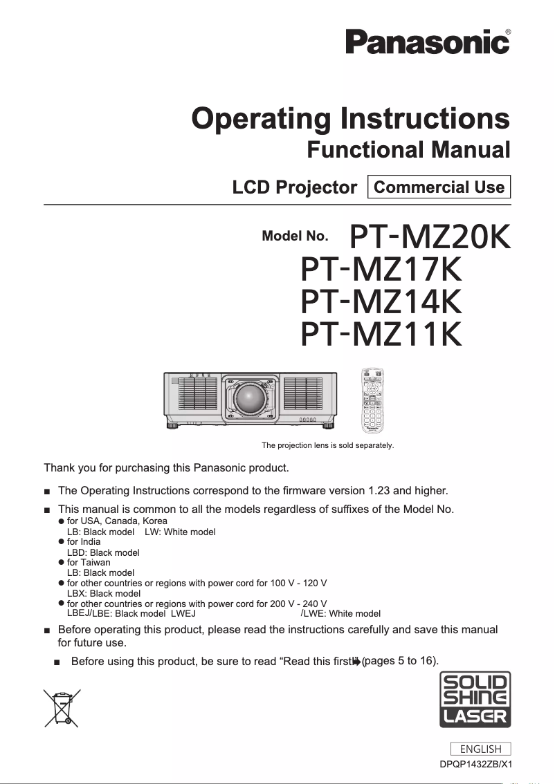 Page n°1 - Manuel utilisateur Panasonic PT-MZ20K