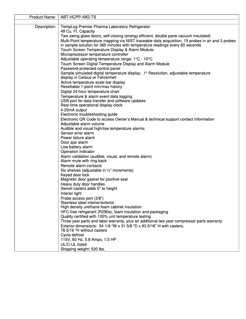 Page 1 de la notice Manuel utilisateur American BioTech Supply ABT-HCPP-49G-TS