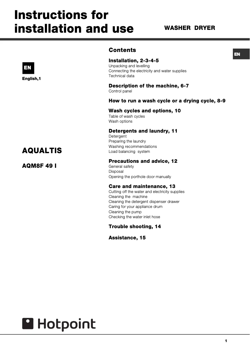 Page n°1 - Manuel utilisateur Hotpoint AQM8F 49 U V