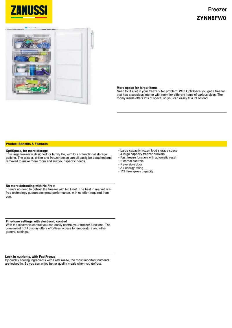 Page 1 de la notice Fiche technique Zanussi ZYNN8FW0