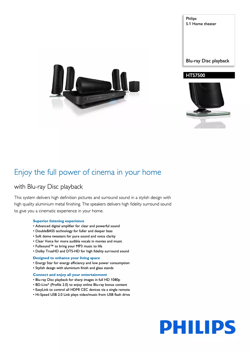 Page 1 de la notice Fiche technique Philips HTS7500