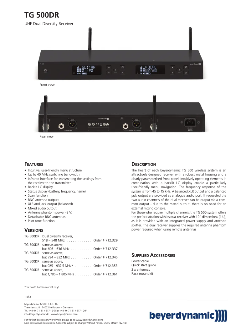 Page 1 de la notice Fiche technique Beyerdynamic TG 500