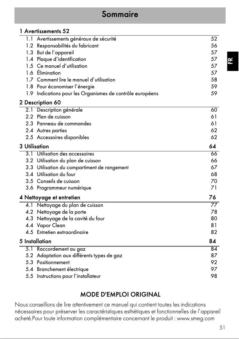 Page 1 de la notice Fiche technique Smeg CG90X2