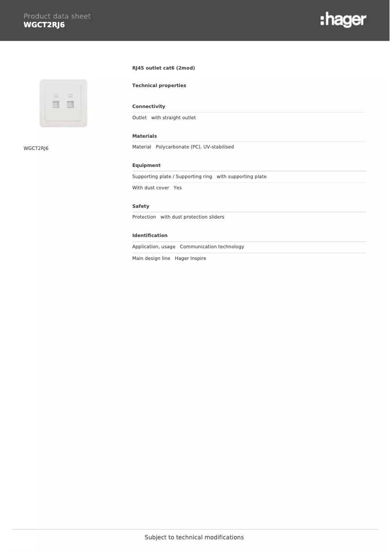 Page 1 de la notice Fiche technique Hager WGCT2RJ6