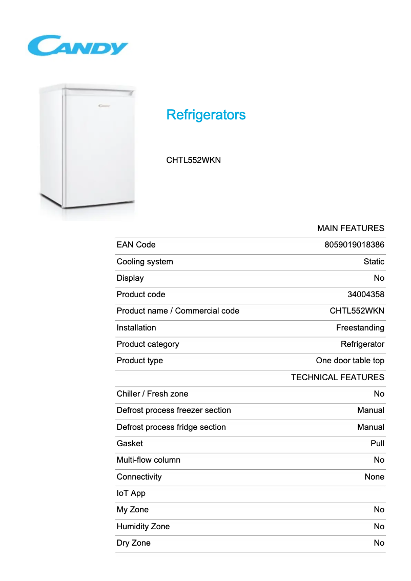 Page 1 de la notice Fiche technique Candy CHTL552WKN