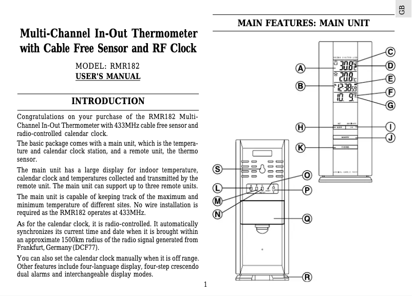 Page 1 de la notice Manuel utilisateur Oregon Scientific RMR182