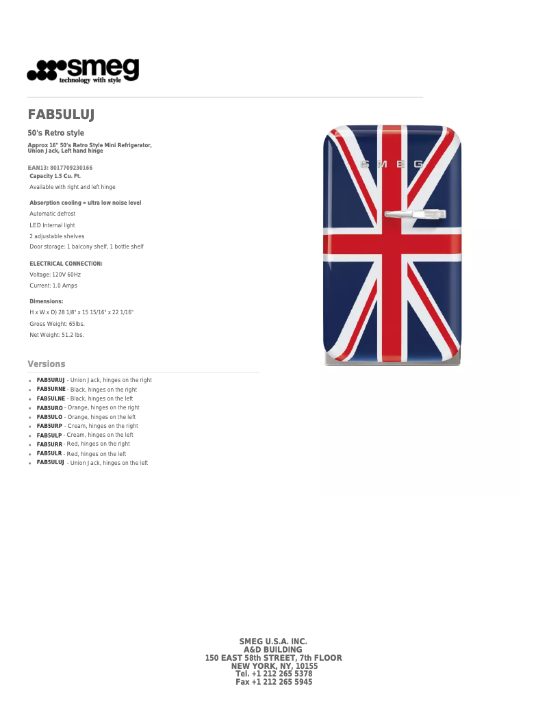 Page 1 de la notice Fiche technique Smeg FAB5ULUJ