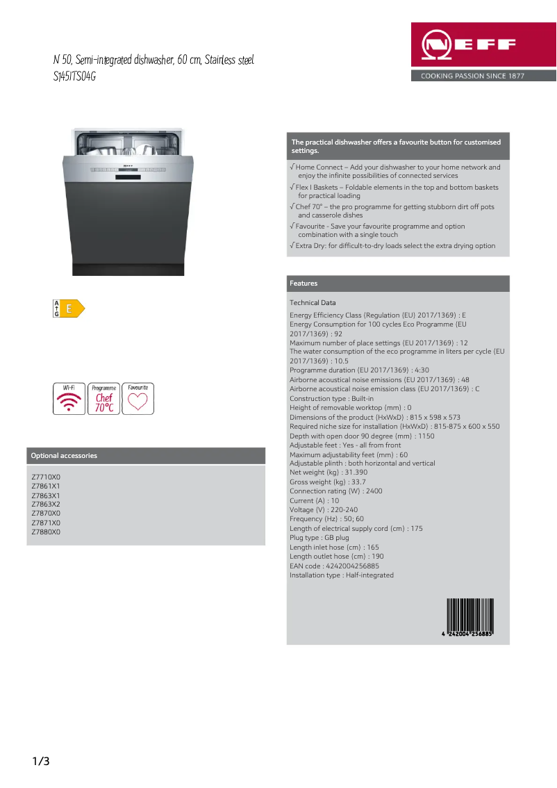 Page n°1 - Fiche technique Neff S145ITS04G