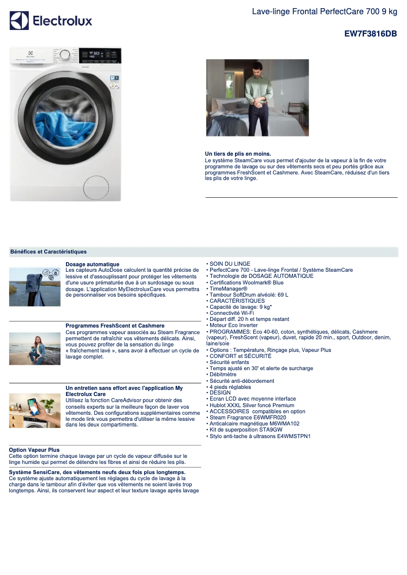 Page n°1 - Fiche technique Electrolux EW7F3816DB