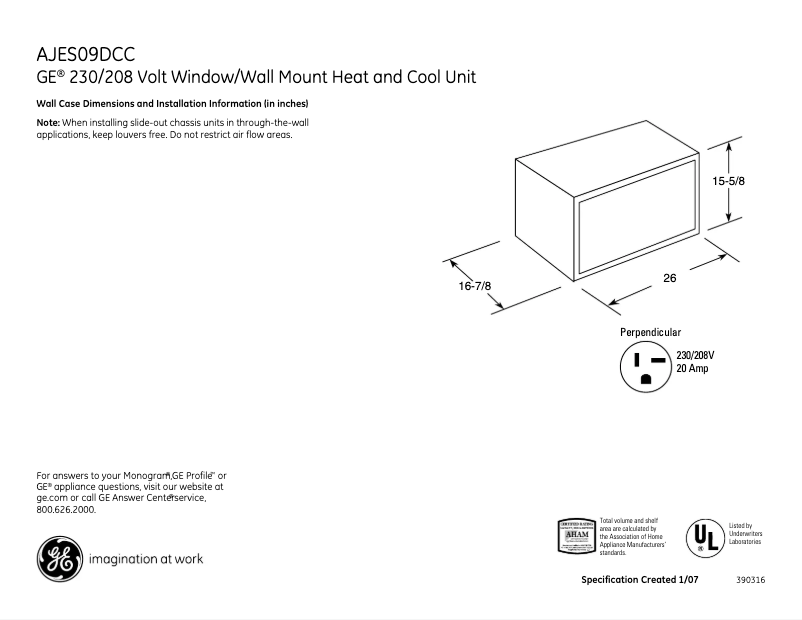 Page 1 de la notice Fiche technique GE AJES09DCC