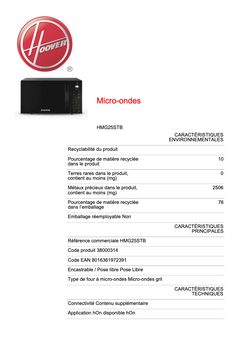 Page 1 de la notice Fiche technique Hoover CHEFVOLUTION HMG25STB