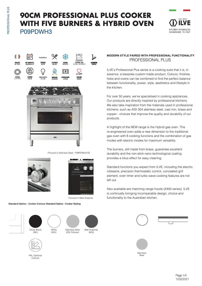Page 1 de la notice Fiche technique Ilve P09PDWH3WH