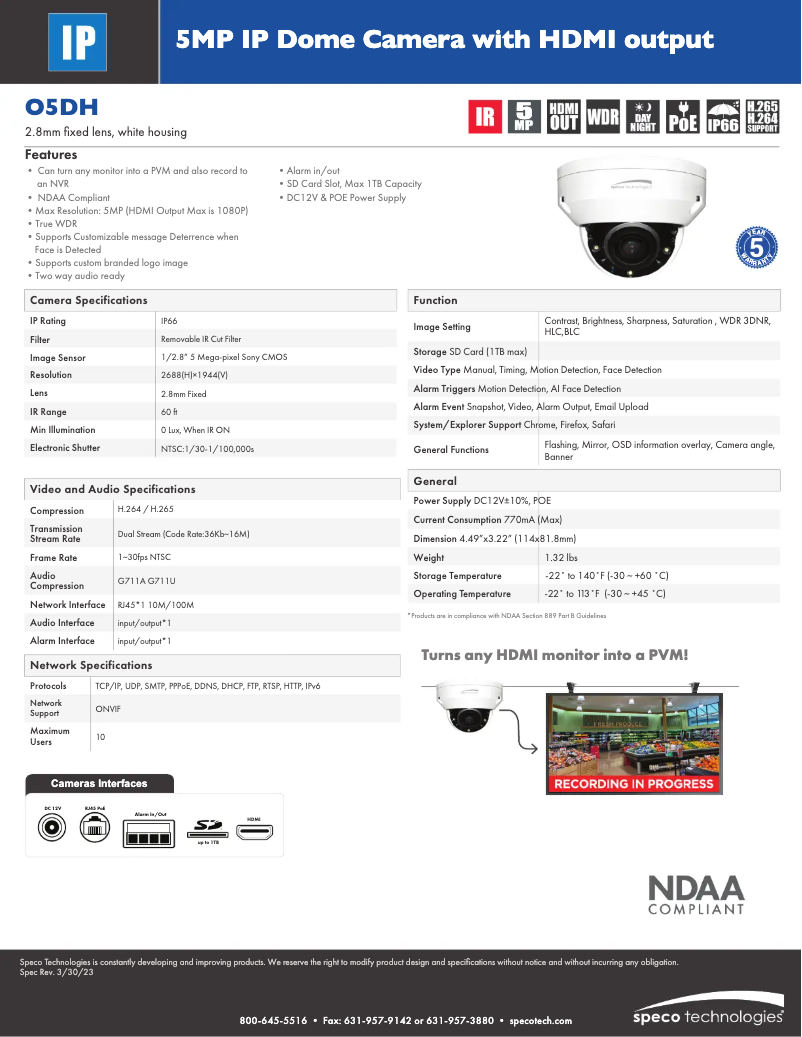 Page 1 de la notice Fiche technique Speco Technologies O5DH