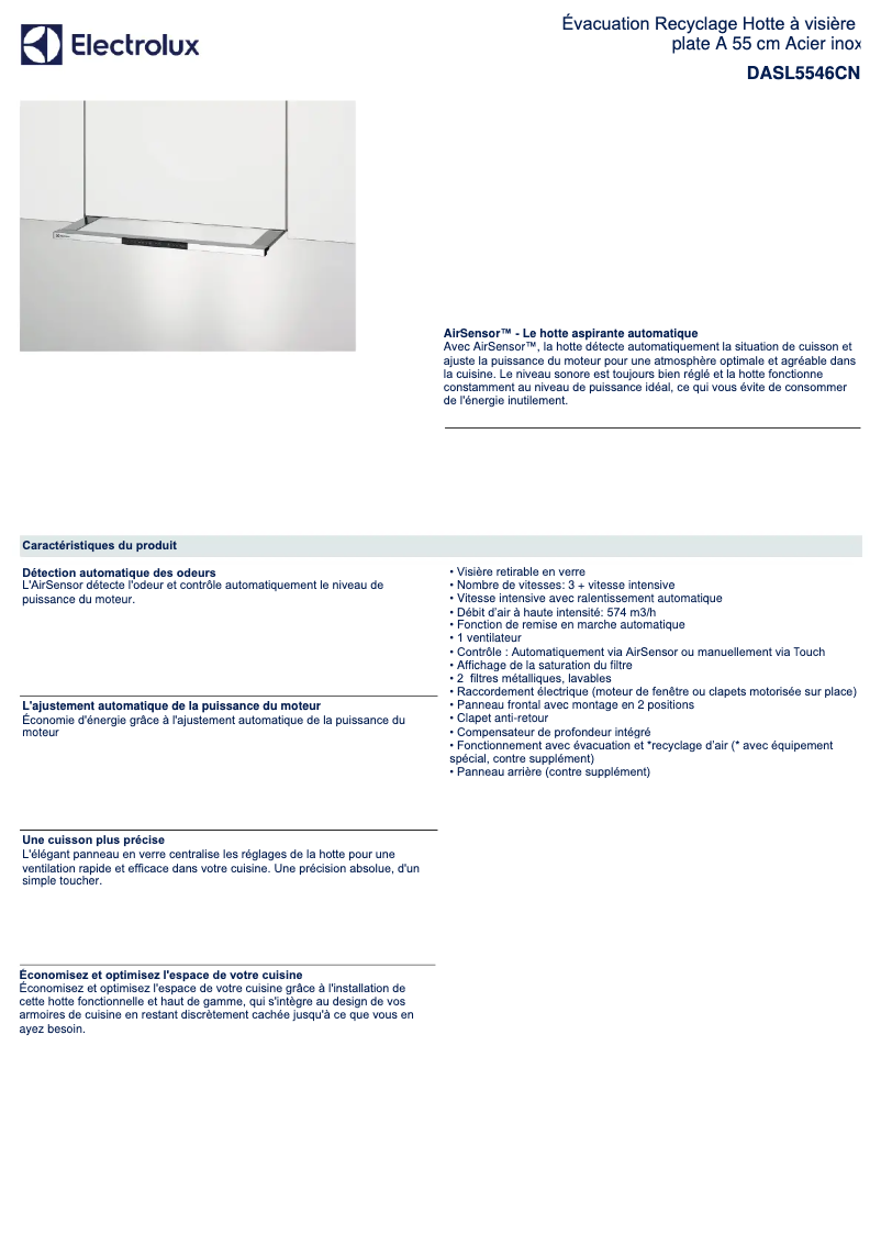 Page 1 de la notice Fiche technique Electrolux DASL5546CN