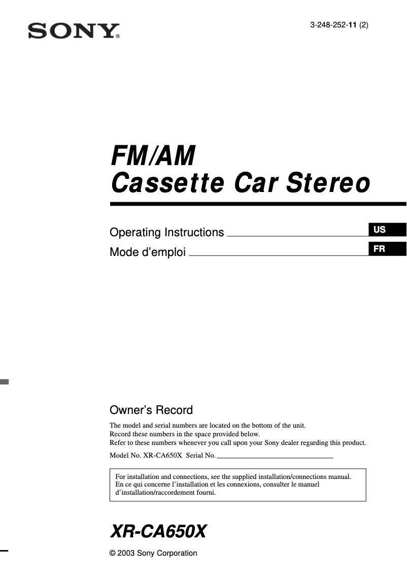 Page 1 de la notice Manuel utilisateur Sony XR-CA650X