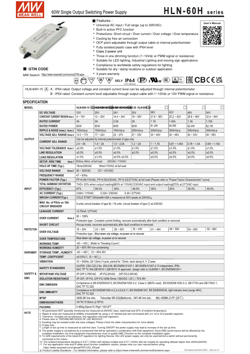 Page 1 de la notice Manuel utilisateur Mean Well HLN-60H-48A