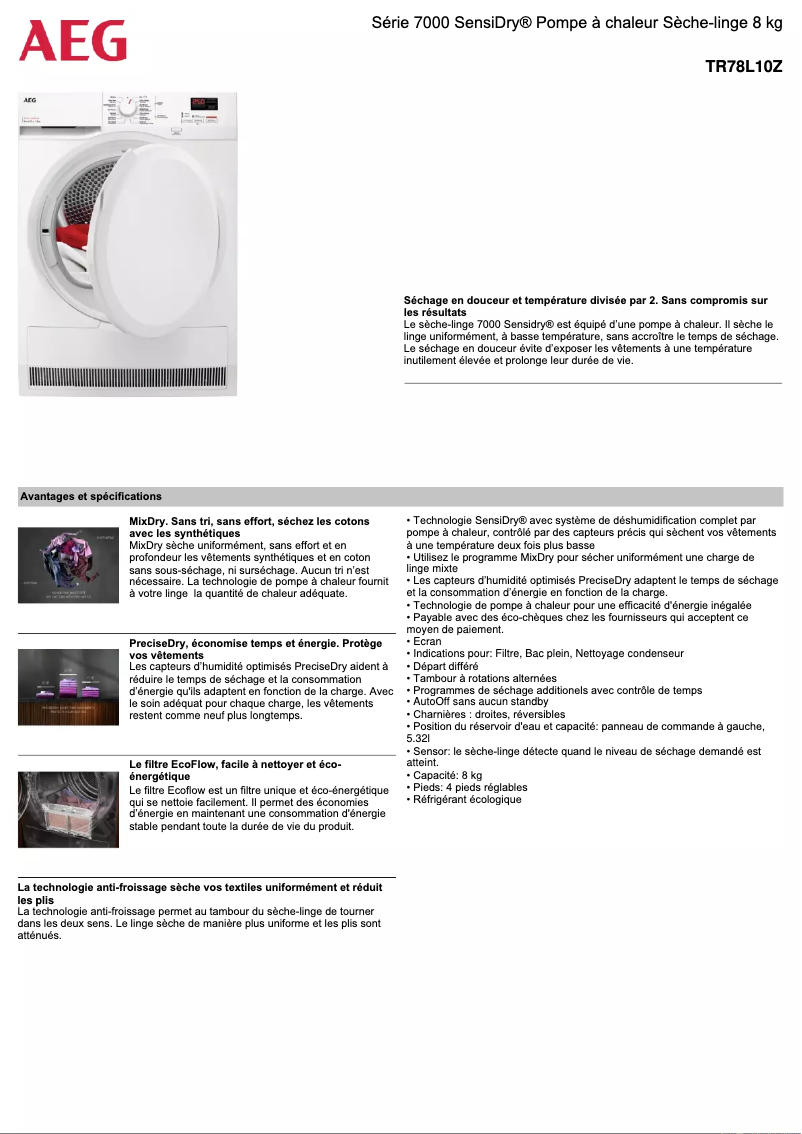 Page n°1 - Fiche technique AEG TR78L10Z