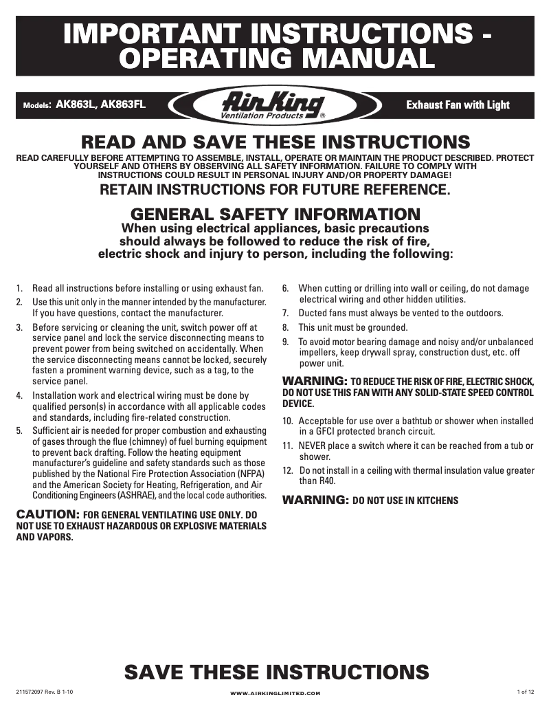 Page 1 de la notice Instructions / montage Air King AK863L