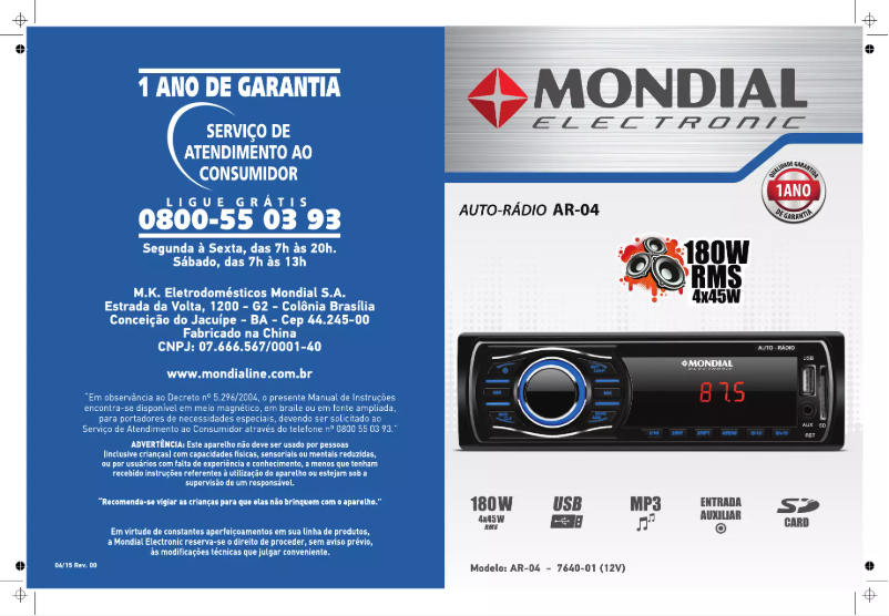 Página 1 del manual Manual de usuario Mondial AR-04