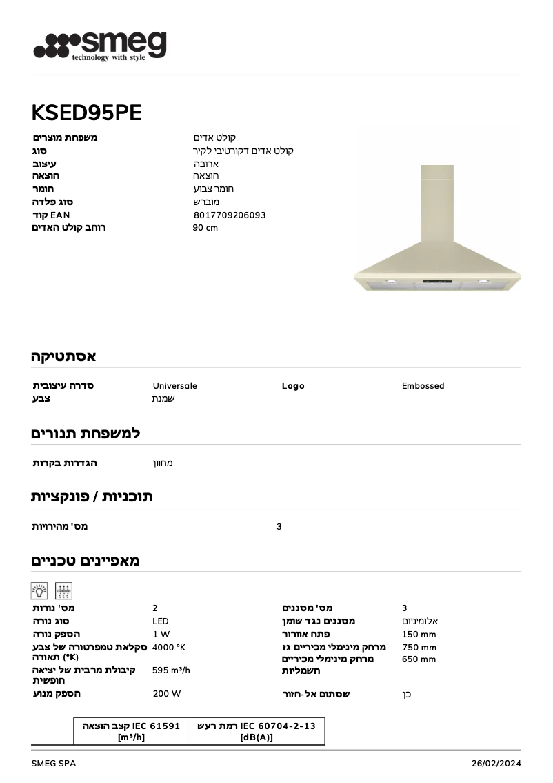 Page 1 de la notice Fiche technique Smeg KSED95PE